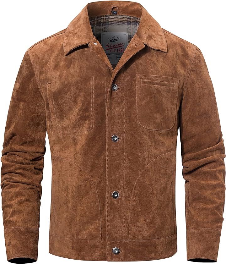 メンズ コート レザージャケット ライダース スエードデニムジャケット 本革 防寒 厚手 防風 春秋(ブラウン, M)