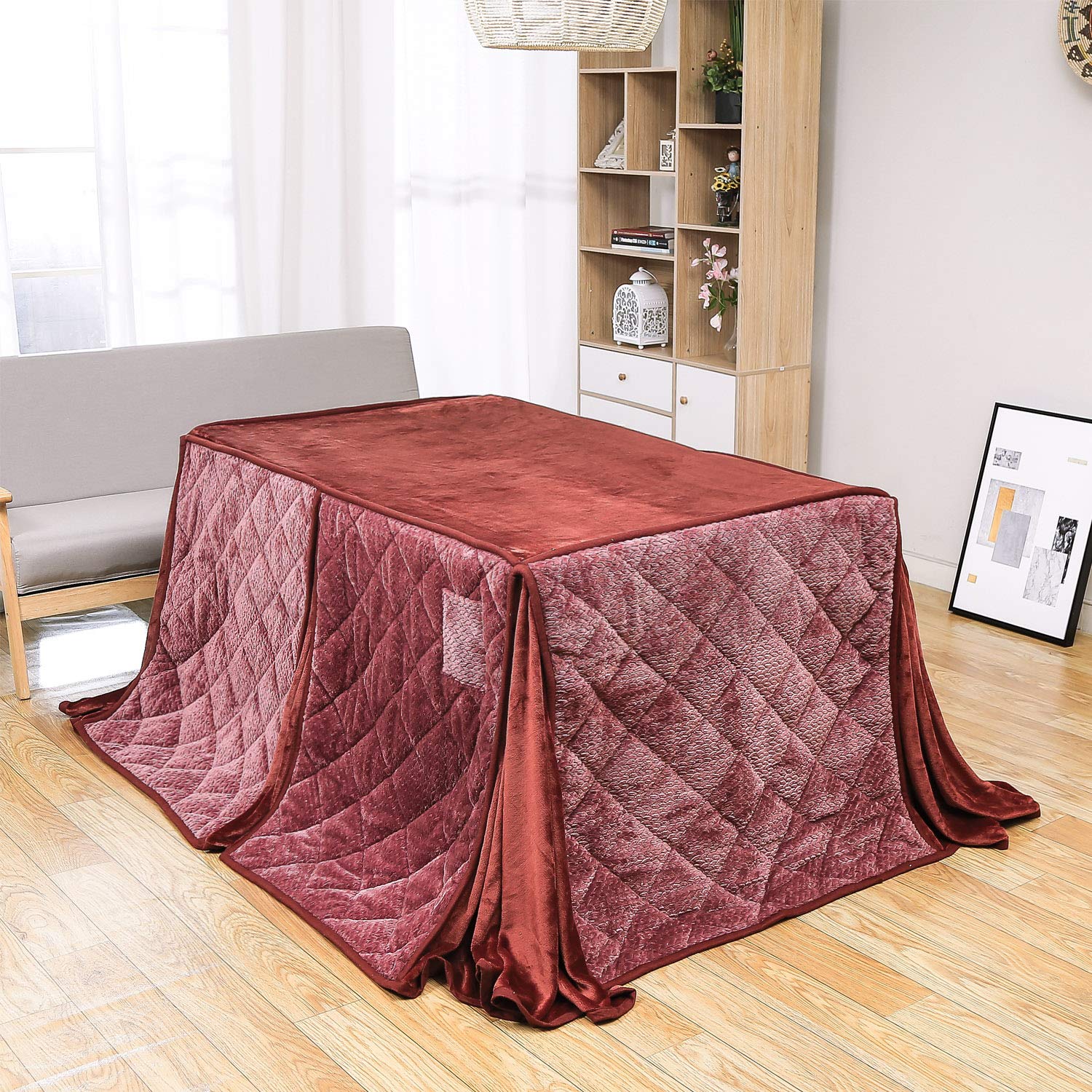 JEMAジェマ ハイタイプ テーブル ダイニング 省スペース こたつ布団 こたつ掛け布団 掛け布団単品 吸湿発熱 ふわふわ感触フランネル生地 約240x295ｃｍ 長方形 洗える ケーブル レッド