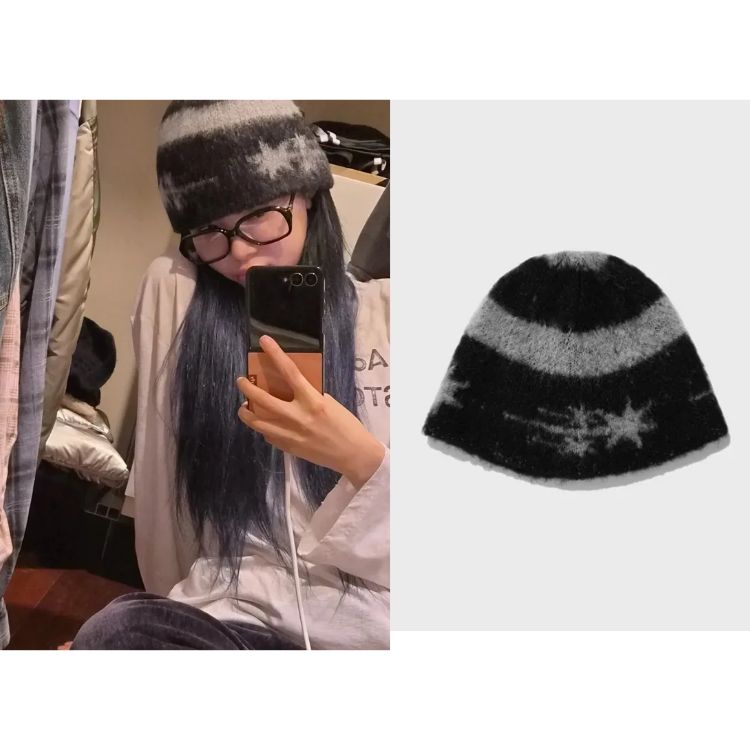 【LE SSERAFIM EUN CHAE pick!】 ソンミンス アイドル 着用アイテム STRIPE 3STAR LOGO MOHAIR BEANIE_BLACK