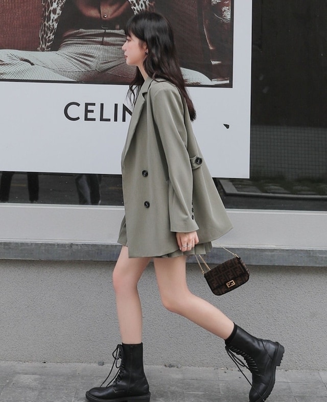 セットアップ ジャケット ミニスカート プリーツスカート ショート丈 ロングテーラードダブルジャケット 上下セット 2点セット 春 秋 レディース ビジネス お出かけ 休日 旅行 普段使い 韓国系