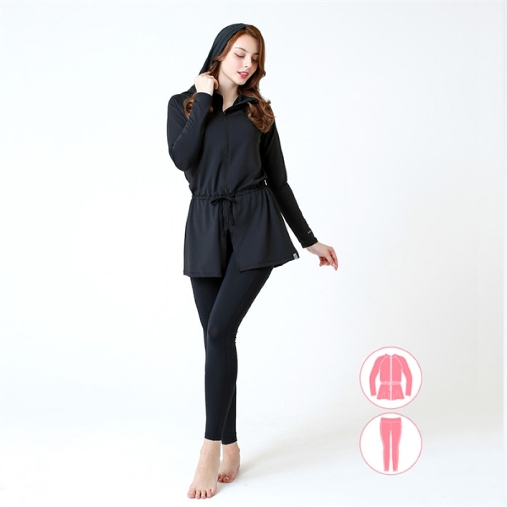 (ベーシックエル) ベーシックエルレディースパーカージップアップラッシュガードウォーターレギンスセットブラックベルト-T235K+BEL-T255K