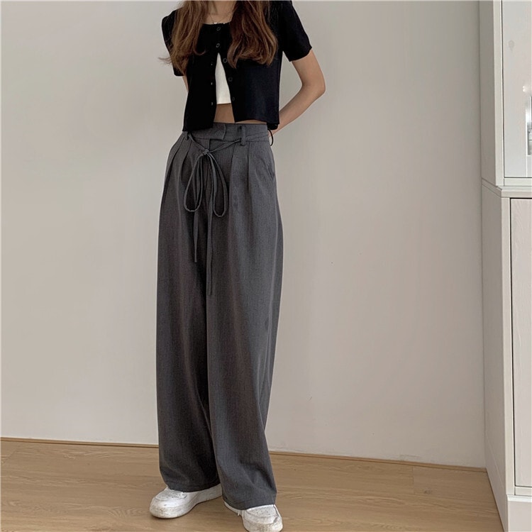 ボトムス パンツ ズボン ワイド ストレート ロング丈 リボン ウエストマーク ブラック グレー お洒落 個性的 無地 春 夏 秋 冬 オールシーズン ダンス 運動 部屋着 レディース 10代 20代