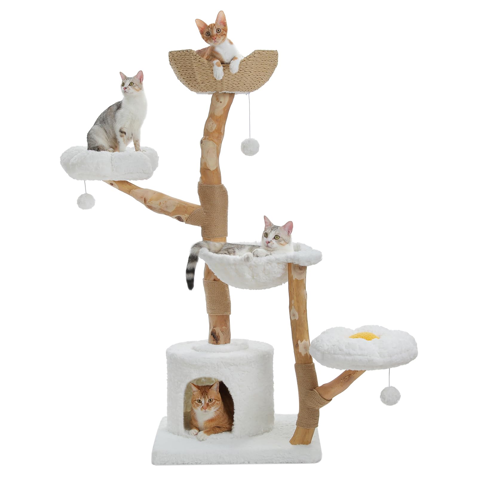 PETEPELA(ぺテぺラ) キャットタワー 木製 大型猫 ミニ 無垢材 手編みカゴ 天然木 梨の木 猫タワー モフモフ ふわふわ 多頭飼い 据え置き コンパクト 猫 爪研ぎ 麻紐 猫ハウス 展望台