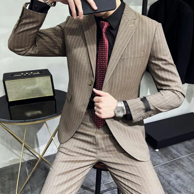 ビジネススーツ 2点セット ジャケット+パンツ 大きいサイズ 結婚式スーツ 披露宴 パーティースーツ 忘年会 セットアップ フォーマルスーツ シングルスーツ ストライプ メンズ スーツセットメンズスー