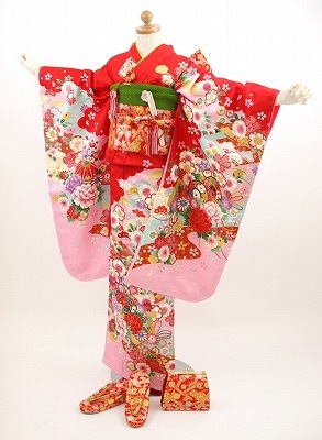 レンタル七五三 着物 7歳 フルセット レンタル 七五三 四つ身 お正月 ひな祭り 着物　ひな祭り 衣装 着物フルセット　赤地につづみ鞠花桜 赤 金 花柄消費税込み