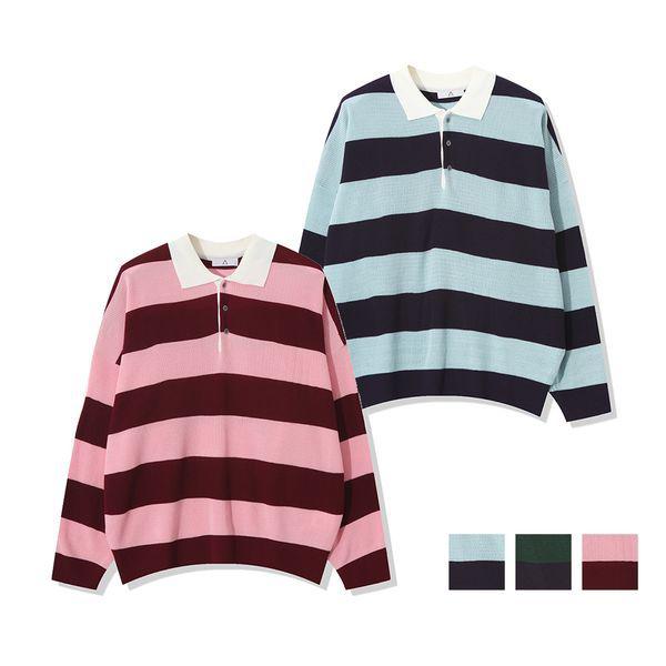 メンズ秋配色ストライプカラーネック長袖ニットTシャツ AC KN Q61_P423249273
