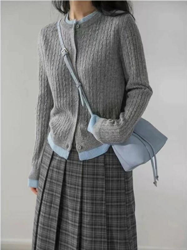レディース カーディガン クルーネック セーター 長袖 秋冬 シンプル 無地 軽量 おしゃれ グレー ブラック ウォーム リブ編み お手入れ簡単 UVケア ニットトップス