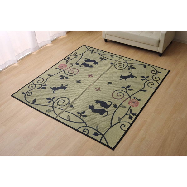 8165410 い草ラグ ラグ カーペット 3畳 長方形 かわいい 猫 ねこ ネコ DXクロネコ 約176230cm【沖縄北海道離島配送不可】 メーカー直送