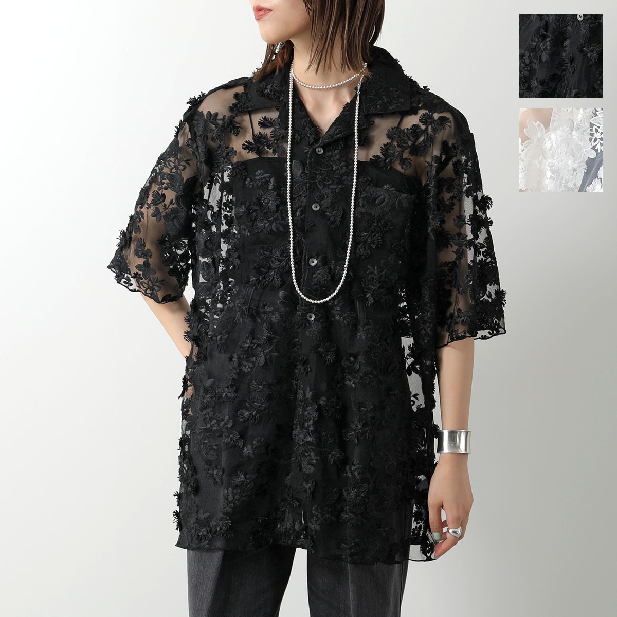 PROVOKE プロヴォーク 半袖 シャツ tulle lace big shirt PV-030052 レディース チュール シアー フラワー レース 花柄 オープンカラー カラー2色
