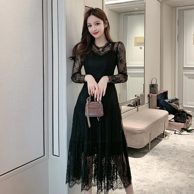 ドレス レディース ワンピース スカート フレアスカート フレアワンピース ワンピドレス ロング丈 ミディアム丈 長袖 襟なし フレア Aライン 細身 レース フリル ハイウエスト 透け感 シースルー