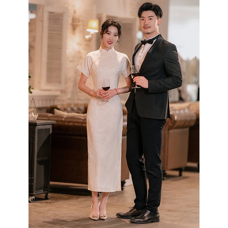 ワンピースドレスドレスチョンサムドレス結婚式結婚証明書登録のドレス小さな白いスカートは通常着用できます