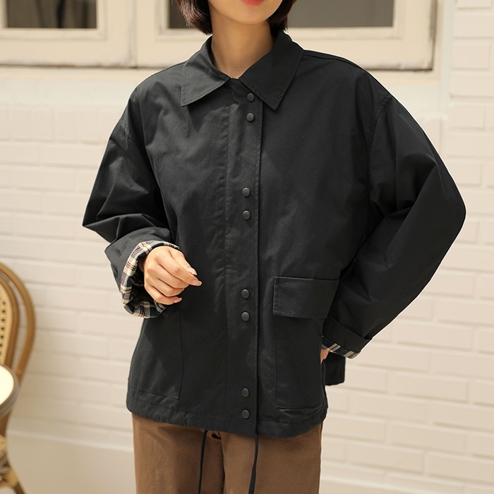 [韓国ファッション] 裏チェック 裾ストリング入り ショートアウター