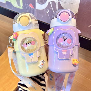 持ち運び600mlかわいいステンレス パッキン 断熱カップ316ステンレス鋼ロックバックルカバーカップ大容量ストラップ子供用水筒学生用水カップロープ付き大容量バウンスカップストロー付きロック付き