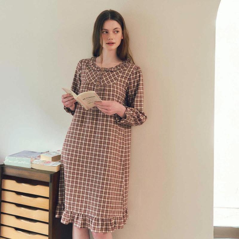 プラス カップルパジャマ 先染めチェック 裏起毛 女性ワンピース VGN4580ASG