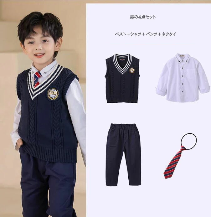 キッズ学園制服 子供イギリス風4点セットアップ ニットベスト キッズダンス衣装 女の子　男の子 小学生 ベスト+パンツ+シャツ+ネクタイ/リボン４点セット秋冬幼稚園制服　団体服　チェック柄 フォーマル