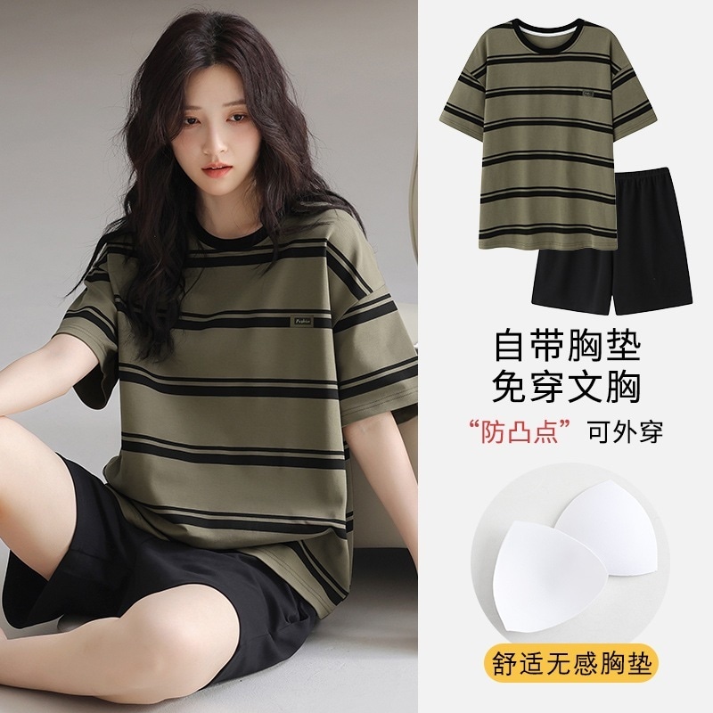 【1点購入 で10点 プレゼント】2025胸パッドの女性のための短袖パジャマ漫画女子学生ラウンドネック夏の家服