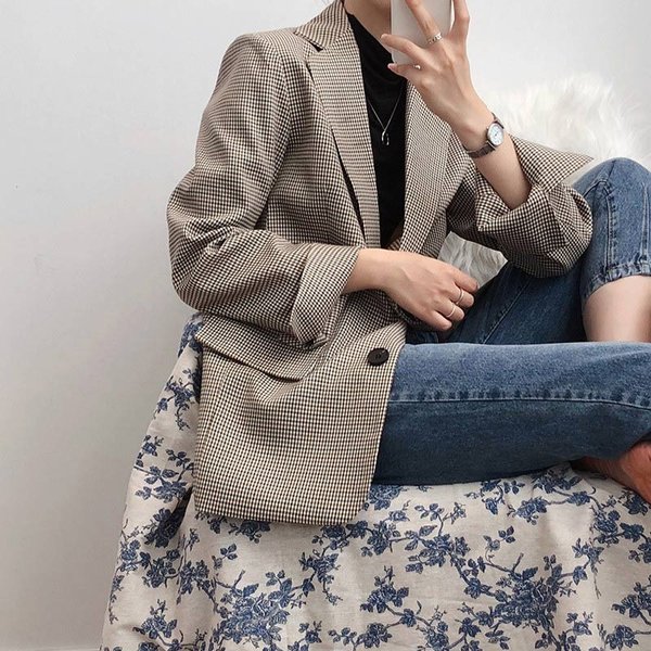 新品 大人気コート チュニック丈 春 レディース トップス ポケット付き テーラード 千鳥格子柄 ボタン止め 体型カバー 秋 袖口スリット 40代 30代