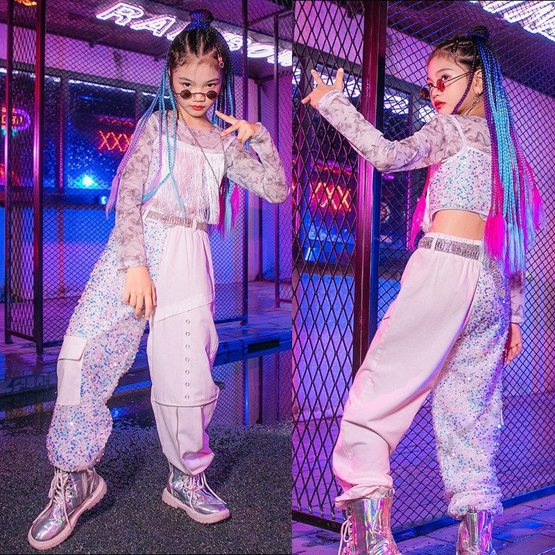 キッズダンス衣装 ヒップホップ 子供用 ロングパンツ ホワイトトップス 長袖 K-POP 演出服 女
