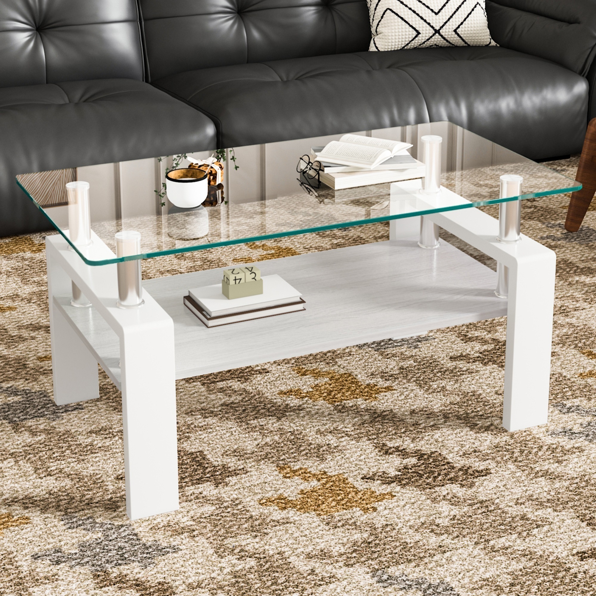 【国内へ発送&送·料·無·料】モダン長方形コーヒーテーブル 強化ガラス天板+MDF収納棚 クリアガラス+ホワイト脚437 リビング用