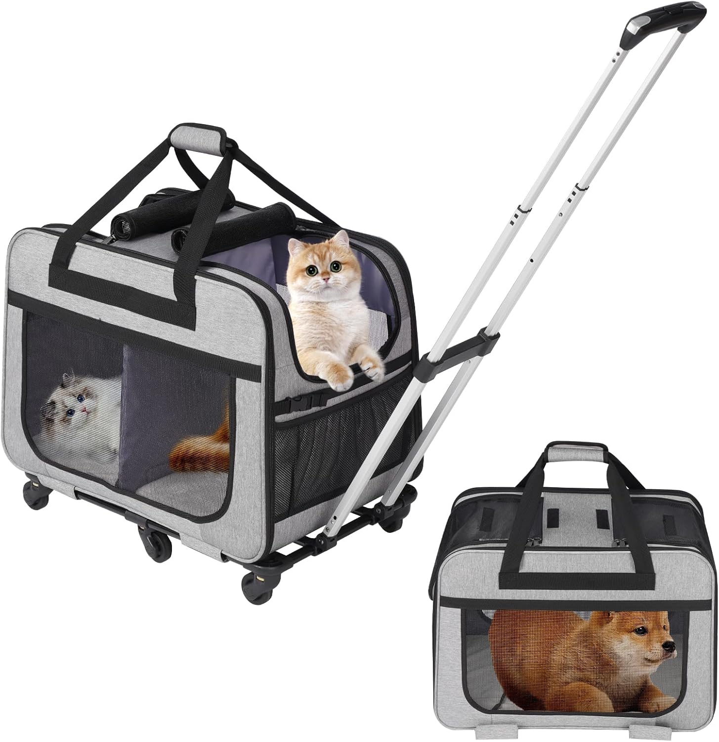 猫 2 匹 キャリー キャスター付き 小型 犬 キャリー カート ペットトロリーバッグ ペットキャリーケース 折り畳み 20kgまでサポート 通気性 旅行/通院/交通機関/災害避難用