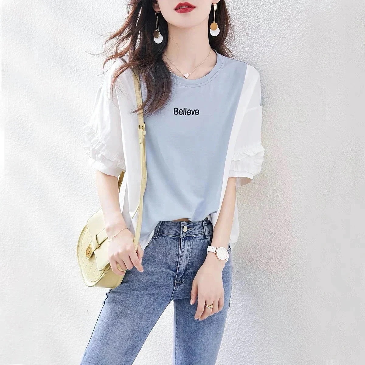 Tシャツ トップス レディース きれいめ 40代 配色 半袖トップス オシャレ ブラウス tシャツ