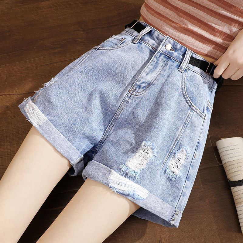 ハイウエストデニムショートパンツ女性用 2024 夏ルーズ痩身調節可能な A ラインワイドレッグ薄い破れたホットパンツ