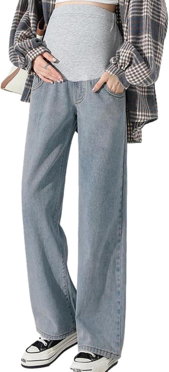 マタニティ ストレートデニム レディース パンツ 産後 ゆったり ウエストゴム アジャスター付き シワなし マタニティパンツ ビッグ 動きやすい デイリーユース(ライトブルー, L)