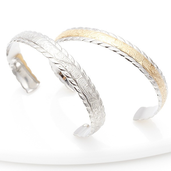 メンズ バングル サージカルステンレス ハワイアン 彫柄 繊細 スクロール プルメリア