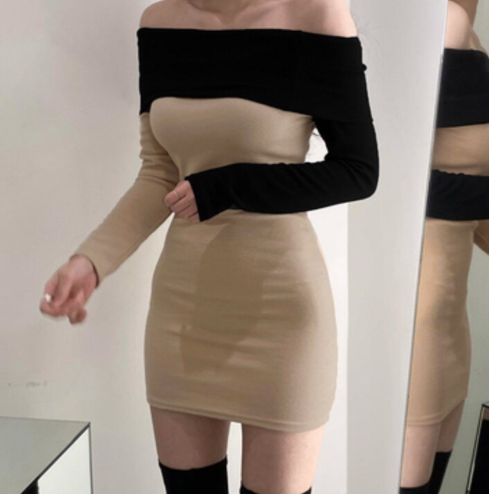 ワンピース ドレス レディース ショート 長袖 オフショルダー バイカラー タイト スリム かわいい 大人可愛い きれいめ シンプル 大人 上品 おしゃれ 無地 春 秋 パーティー デート お出かけ