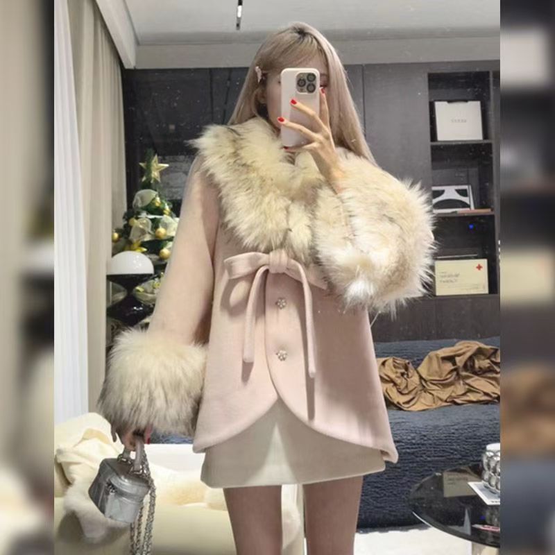 甘い気質裕福な娘ウールコートリボン毛皮パッチワークトップ冬スカートカレッジスーツ女性のための