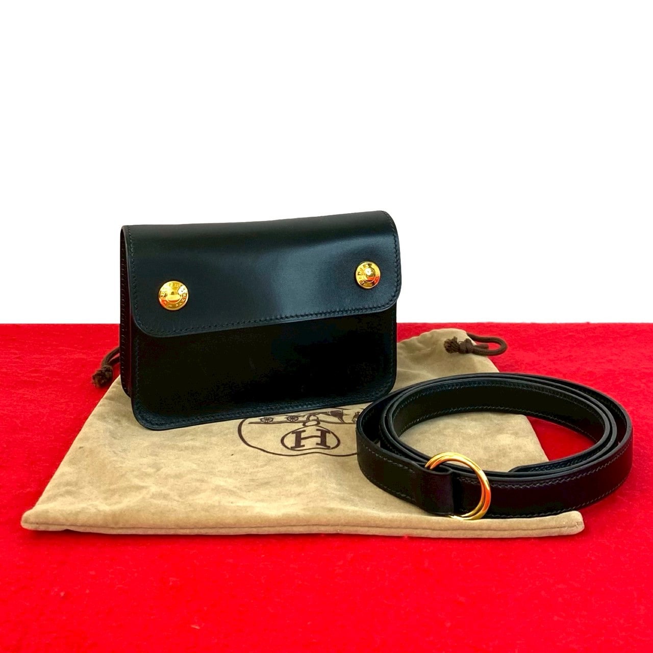 ヴィンテージ ポシェットグリーンボディバッグ ボックスカーフ ブラック 1531f