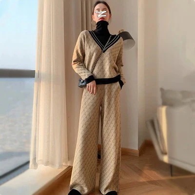 ニットセットアップ レディース ニット上下セット 長袖セーター vネック ワイドパンツニットセセットアップ