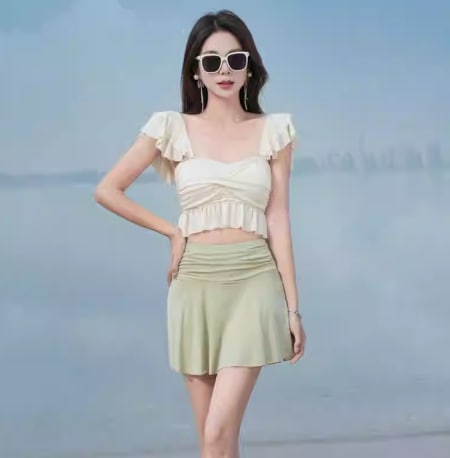 水着 レディース ワンピース セパレート リボン レース シフォン フリル レースアップ ウエストリボン バックリボン スリット シースルー 伸縮性 シャーリング メッシュ シアー かわいい