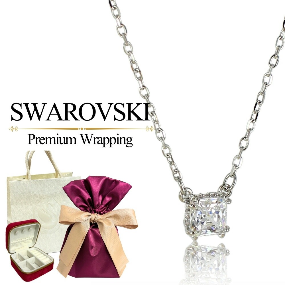 ラッピング済 ギフトセット スワロフスキー 純正ショッパー付き ネックレス レディース シンプル Stilla Attract ペンダント スクエアカット シルバー ホワイト クリスタル ブランド ア