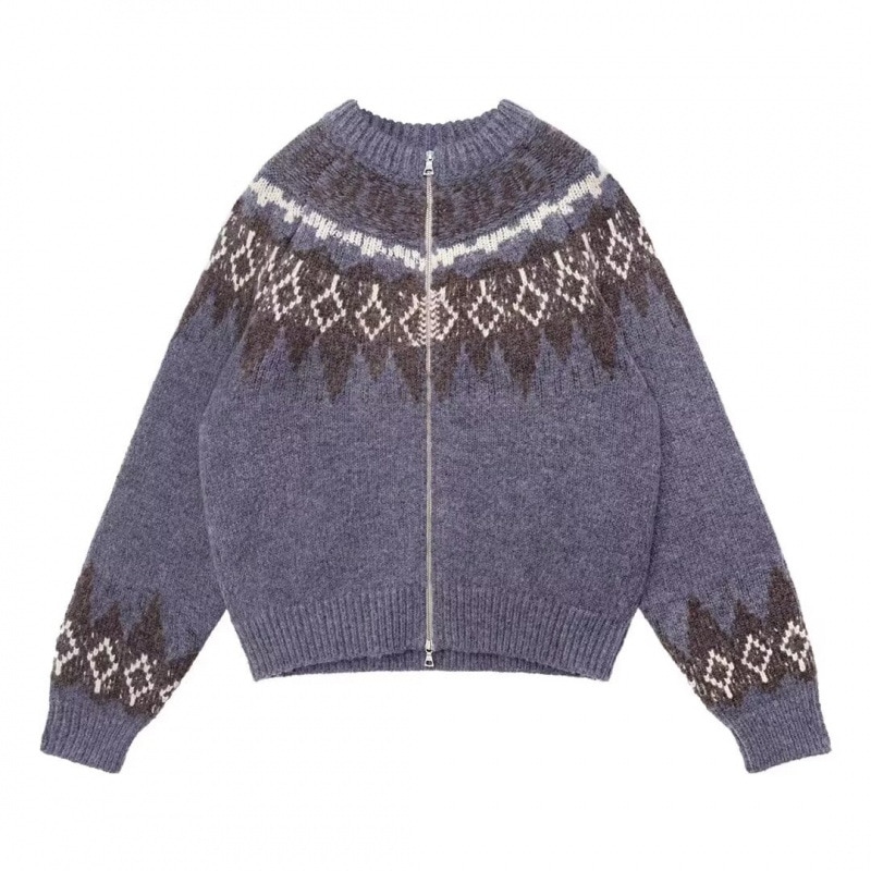 編み込み ジップアップ ウンドネック カーディガン ジャケット 男女兼用 ニットセーター