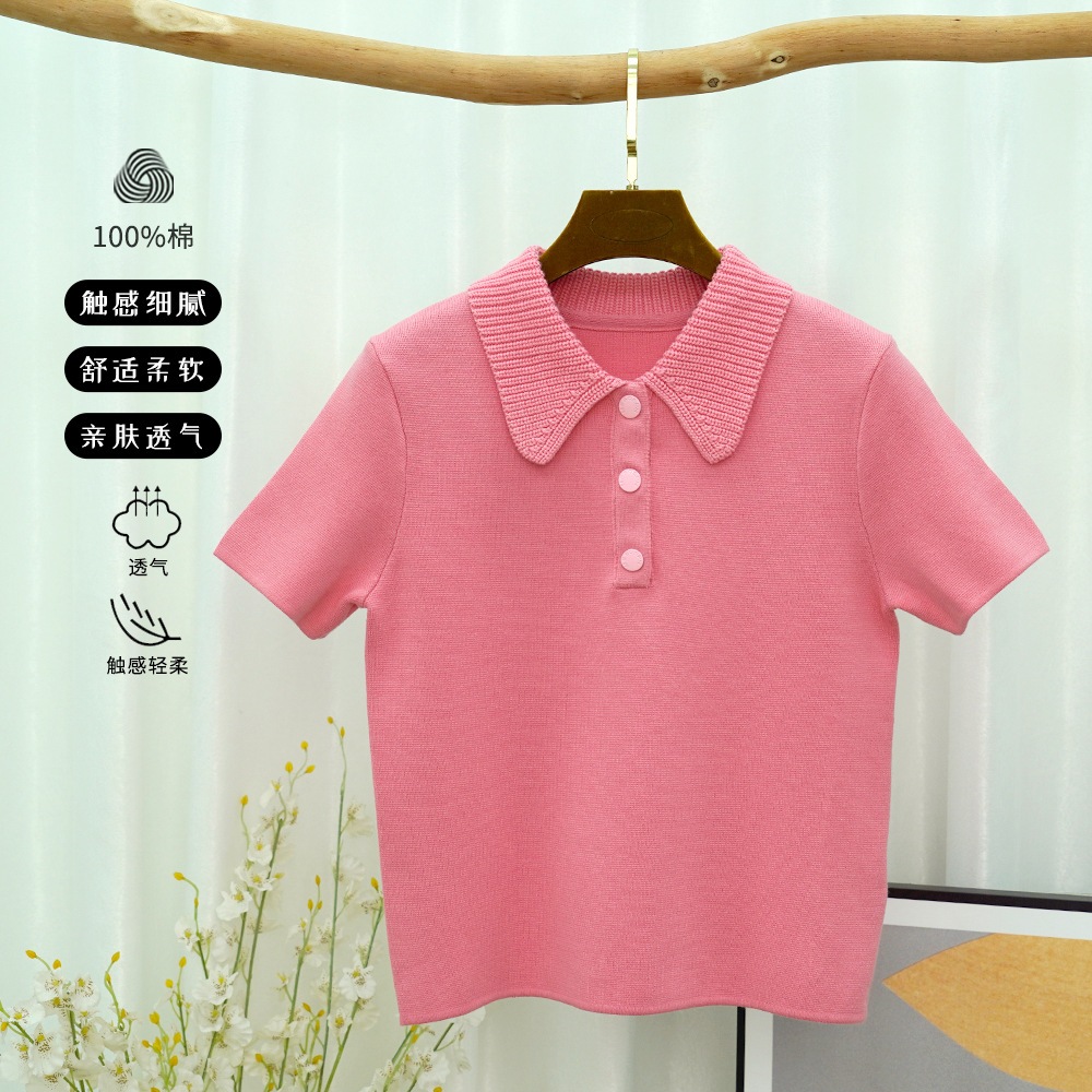 女性の夏の夏のフランスのポロシャツのためのピュアコットンショートスリーブショルダーtシャツファッショナブルユニークなスリムトップ