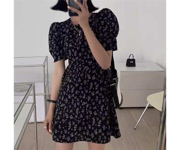 レディース ワンピース プルオーバー ミニ ショート ミドル丈 半袖 パフスリーブ Aライン フェミニン ウエストマーク ハイウエスト 肌見せ かわいい 大人可愛い カジュアル おしゃれ かっこいい