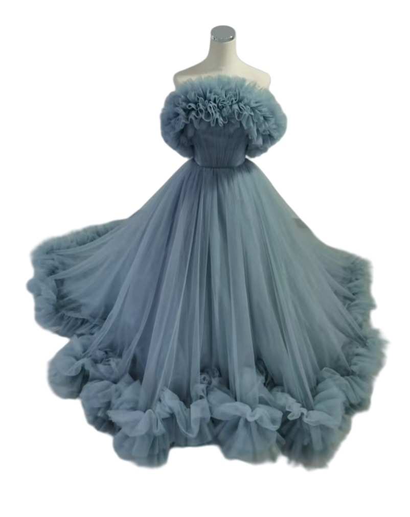 人気上昇！カラードレス ブルー 取り外しオフショルダー ラッフルフリル ソフトチュール デザイン感 花嫁