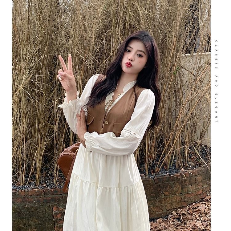 美ラード長袖ワンピース女性はに腰を収めてやせているレースのスカートのレトロな馬甲の外にスカートを二つセット掛けた