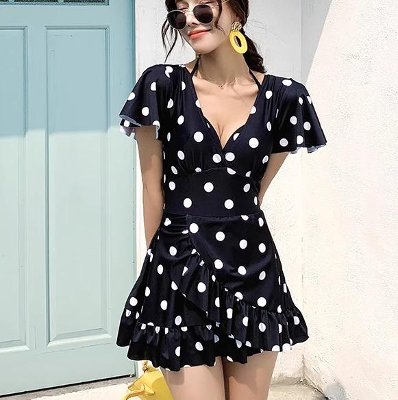 水着 レディース かわいい 夏 プール レジャー 海水浴 ウェーブ ポイント カジュアル 半袖 ドット スカート ワンピース