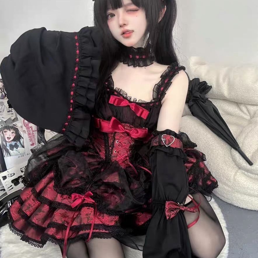 【3日出荷】ロマンティックガーリーアトモスフィアワンピース ピュアセクシーレースリボン ロリータブルーフリンジモデル コスプレ