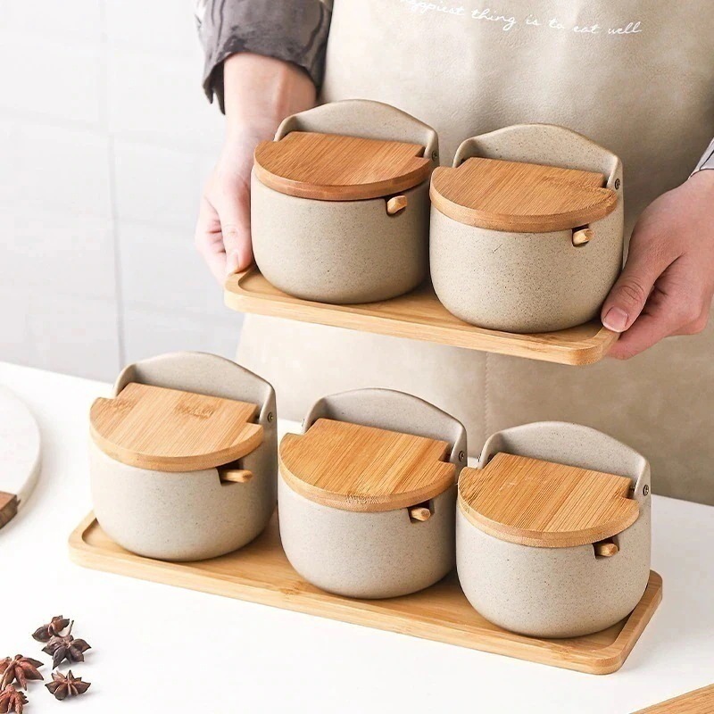 【幸運】き式陶磁器竹木蓋調味缶調味料箱キッチン調味料収納缶レストラン家庭用塩糖缶セット730