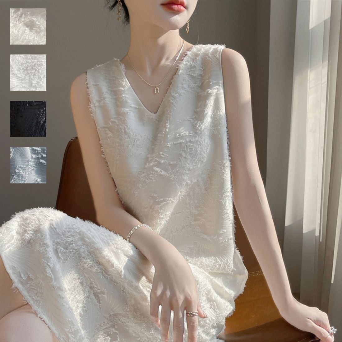 在庫限り夏のおしゃれを楽しめるノースリーブシャギーワンピース 袖なし ミモレ丈 シャギー フリンジ デザイン Aライン フェミニン Vネック 大人 セレモニー お出かけ パーティー お呼ばれ 夏 おし