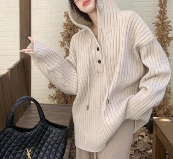 ファッション ベーシックニット 秋冬の厚手けだるさ風フード付きセーターコート