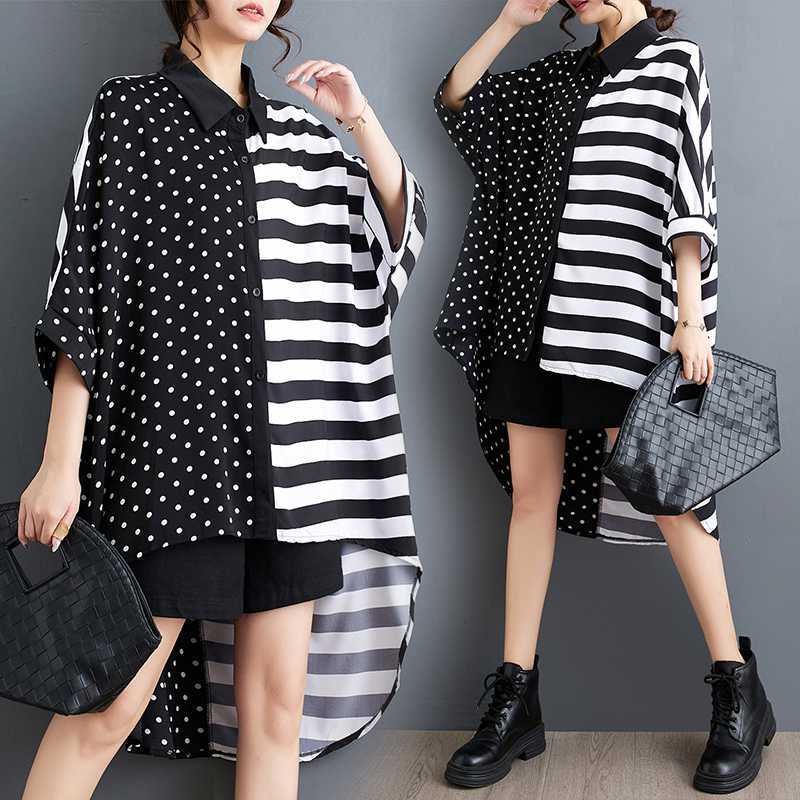 シアーシャツ夏の新韓版文芸大きいサイズ 痩せた縞模様がロングタイプシャツ