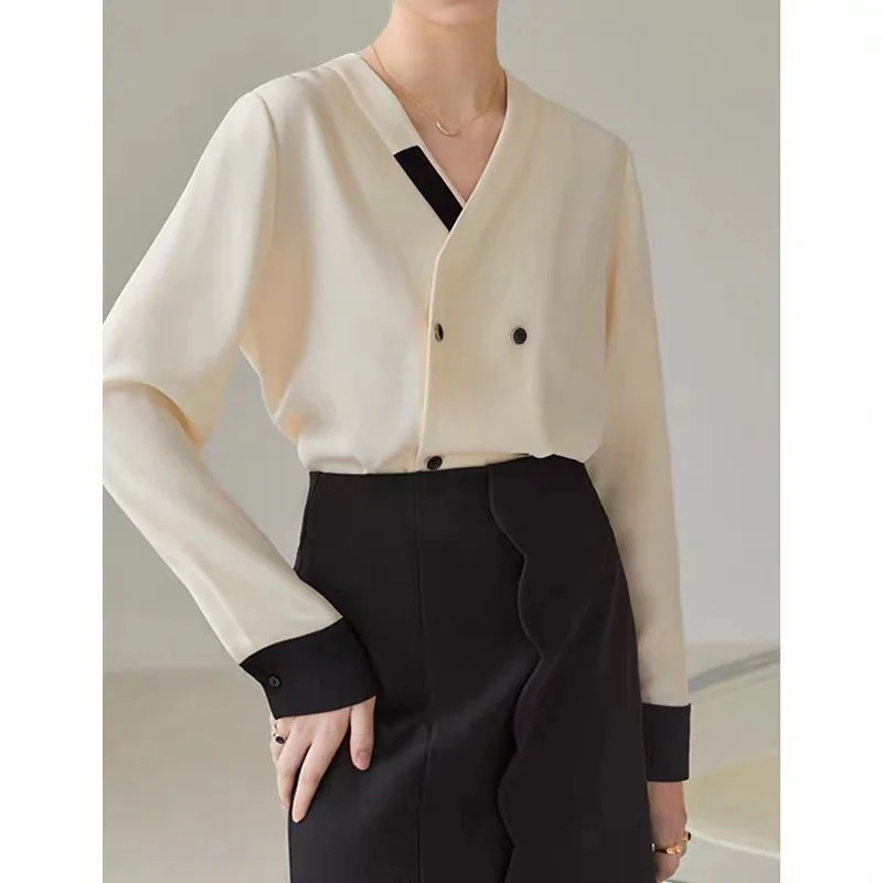 人気新作フランス式職業シャツ女性デザイン感2024春装新気質ゆるいvネックシャツ長袖ブラウスシアーシャツ