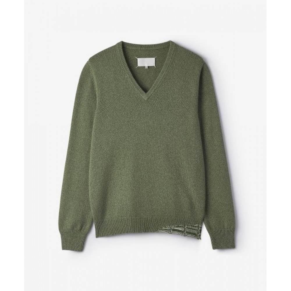 メゾンマルジェラ女性用ディストレスト Vネックニット-ライトグリーン/S31HA0835S17907691F