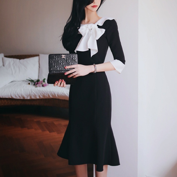 ワンピース レディース パーティドレス フォーマル レディース 二次会 お呼ばれ きれいめ 上品 セレモニー 七分袖 リボン 大きいサイズ 大きめ 結婚式 披露宴 膝下 エレガント ミモレ丈 ボウタイ