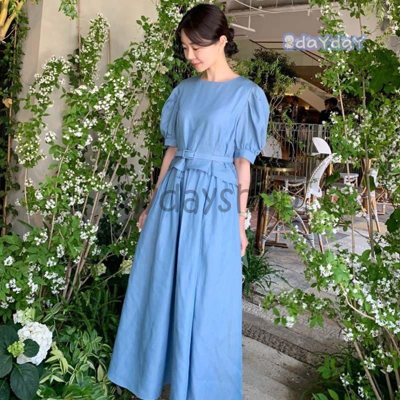ワンピース ロング ウエストマーク ボリューム袖 ラウンドネック 上品 スタイリッシュ ブルー ライトブルー可愛い イベント清楚 魅力的 ミセス