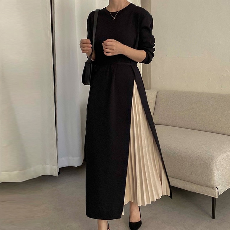 ワンピース レディース サイドプリーツワンピース 異素材 切り替え ロング ドレス クルーネック 長袖 ひざ下丈 アシンメトリー プリーツ ドッキング 黒 ブラック 大人可愛い きれいめ 上品 レトロ